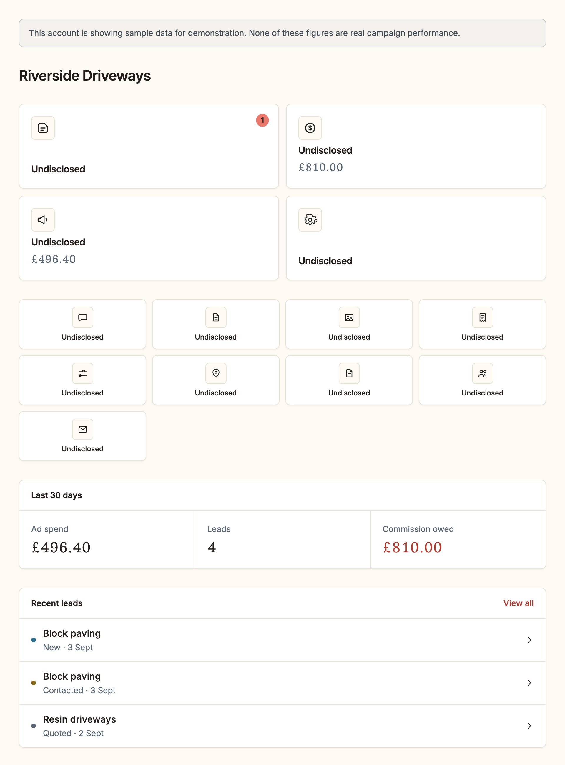 The SB Engine client dashboard for a sample driveways business, showing the home screen's tile layout, last-30-days stats, and a recent leads list